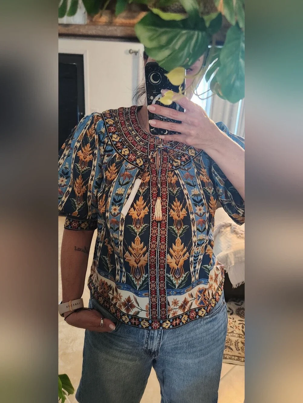 Farm Rio Blue Embroidered Tapestry Puff Sleeve Blouse